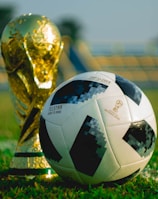 A gold trophy and a black-and-white soccer ball are placed on a green grass field. The background shows blurred stadium seating, suggesting a sports venue.