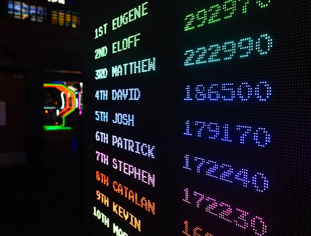 A digital leaderboard displaying names and scores in vibrant colors like green, blue, purple, and orange. The display is in a dark setting, possibly an arcade, and features a bright LED design.
